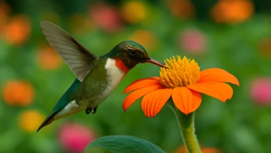 Beija-flor se alimentando de flor laranja vibrante no jardim