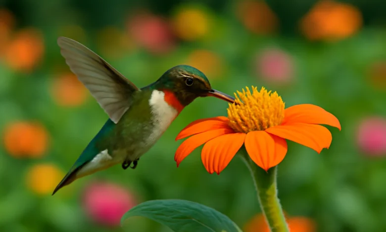 Beija-flor se alimentando de flor laranja vibrante no jardim