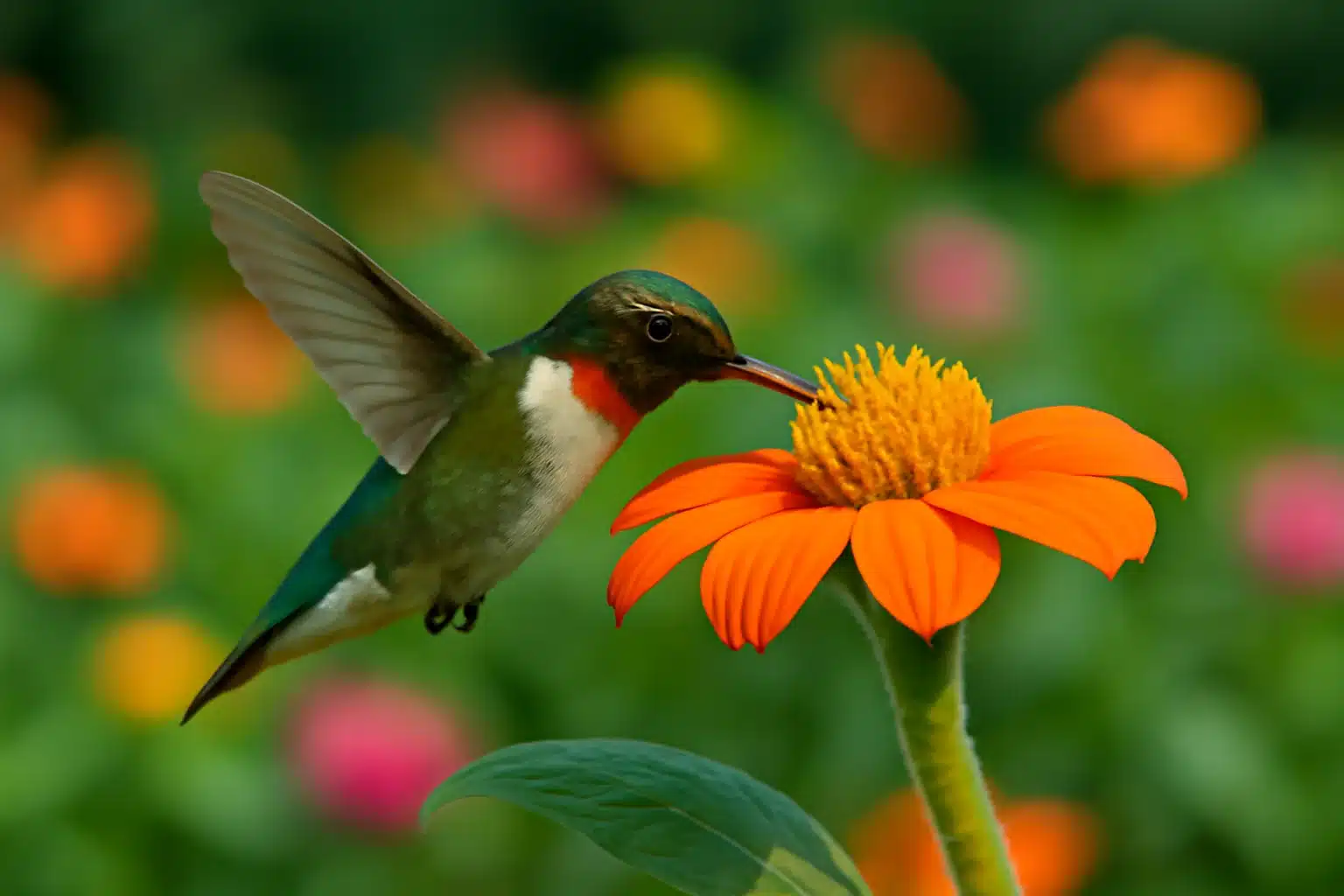 Beija-flor se alimentando de flor laranja vibrante no jardim