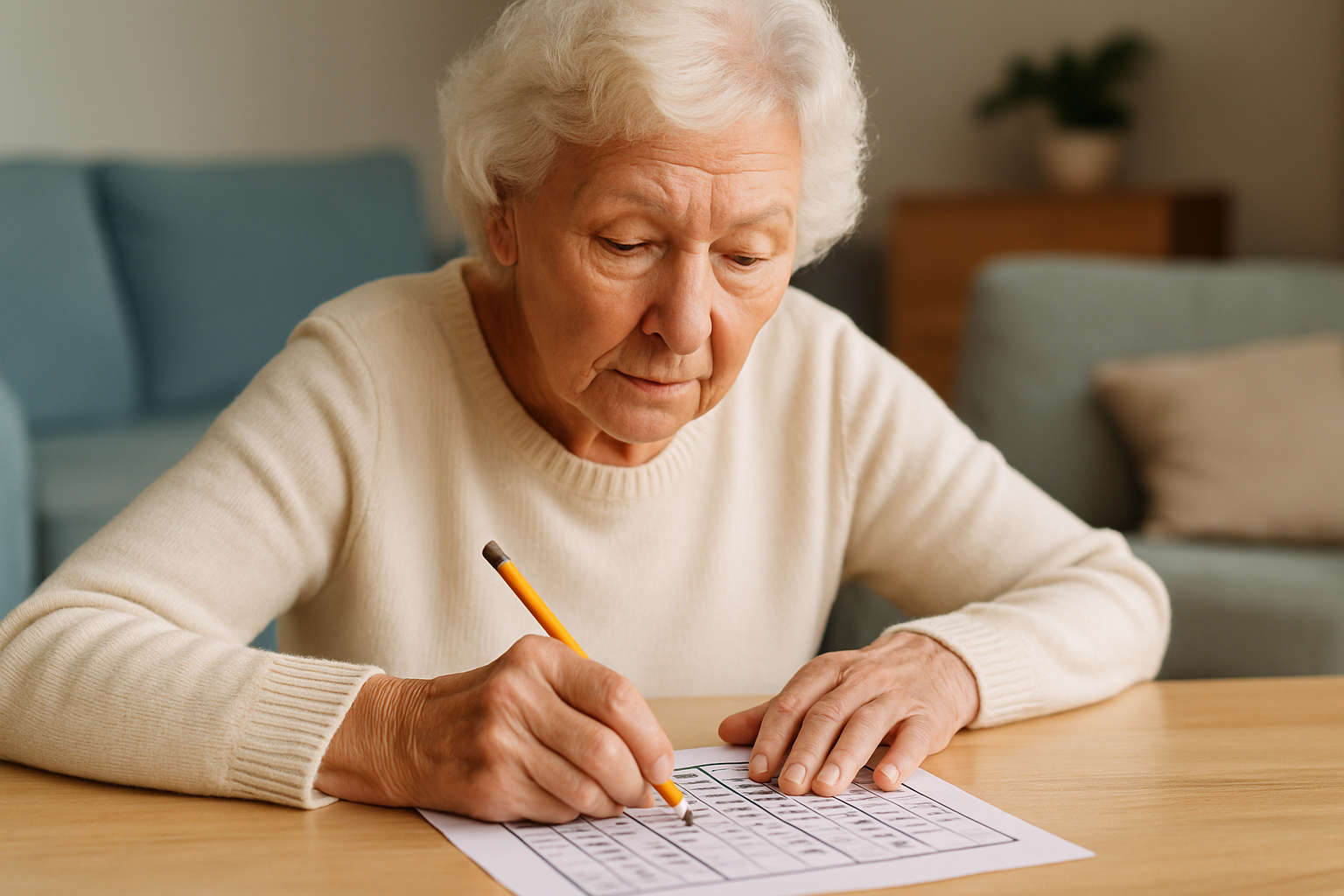 Idosa resolvendo palavras cruzadas para estimulação cerebral