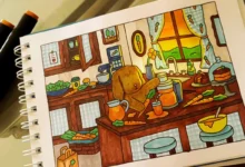 Cena colorida de um cachorro em uma cozinha preparando receitas com cenouras, inspirada no livro Bobbie Goods.