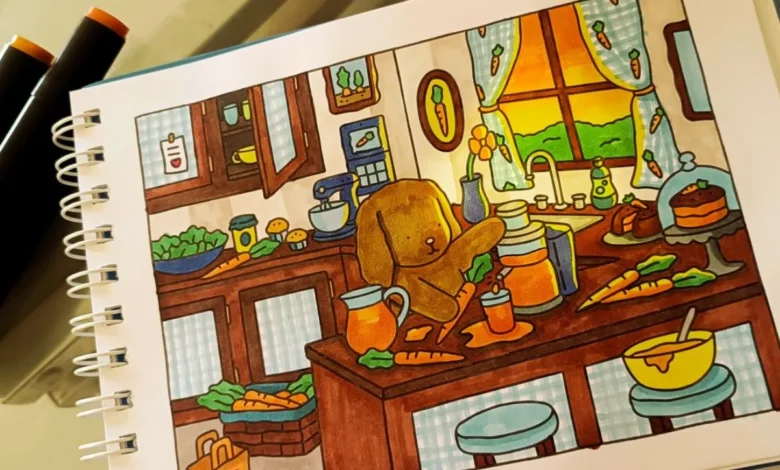 Cena colorida de um cachorro em uma cozinha preparando receitas com cenouras, inspirada no livro Bobbie Goods.
