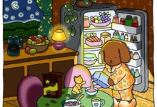 Imagem ilustrada de um cachorro fofinho em pijama, pegando um lanche de um armário com um gato e uma xícara de chá em uma mesa. Detalhes de uma geladeira cheia de alimentos e frutas frescas visíveis ao fundo.