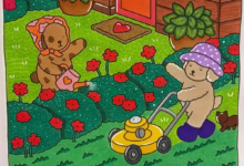 Ilustração de dois ursos coloridos cuidando de um jardim com flores vermelhas
