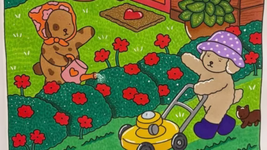 Ilustração de dois ursos coloridos cuidando de um jardim com flores vermelhas