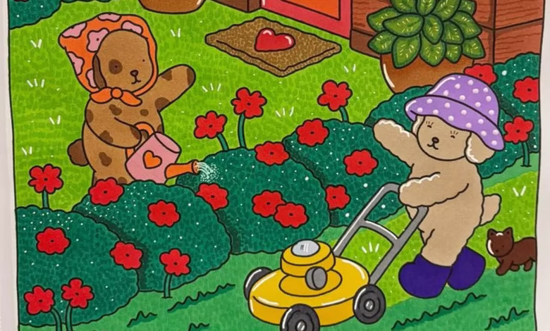 Ilustração de dois ursos coloridos cuidando de um jardim com flores vermelhas