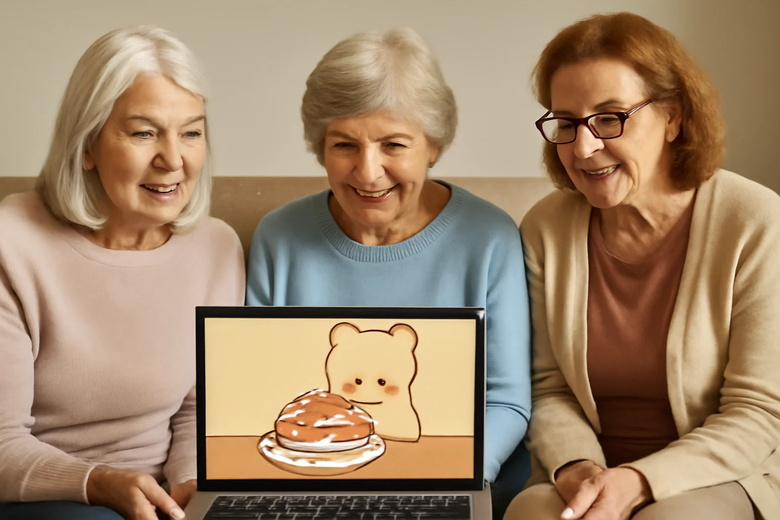 Três mulheres sorrindo enquanto assistem a um vídeo no laptop, com uma animação fofa de um urso comendo um bolo.