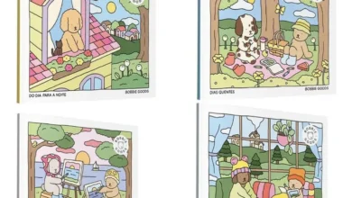 Imagem mostrando 4 capas de livros infantis com ilustrações fofas de animais e crianças em diferentes cenários.