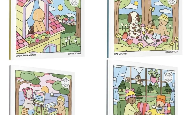 Imagem mostrando 4 capas de livros infantis com ilustrações fofas de animais e crianças em diferentes cenários.