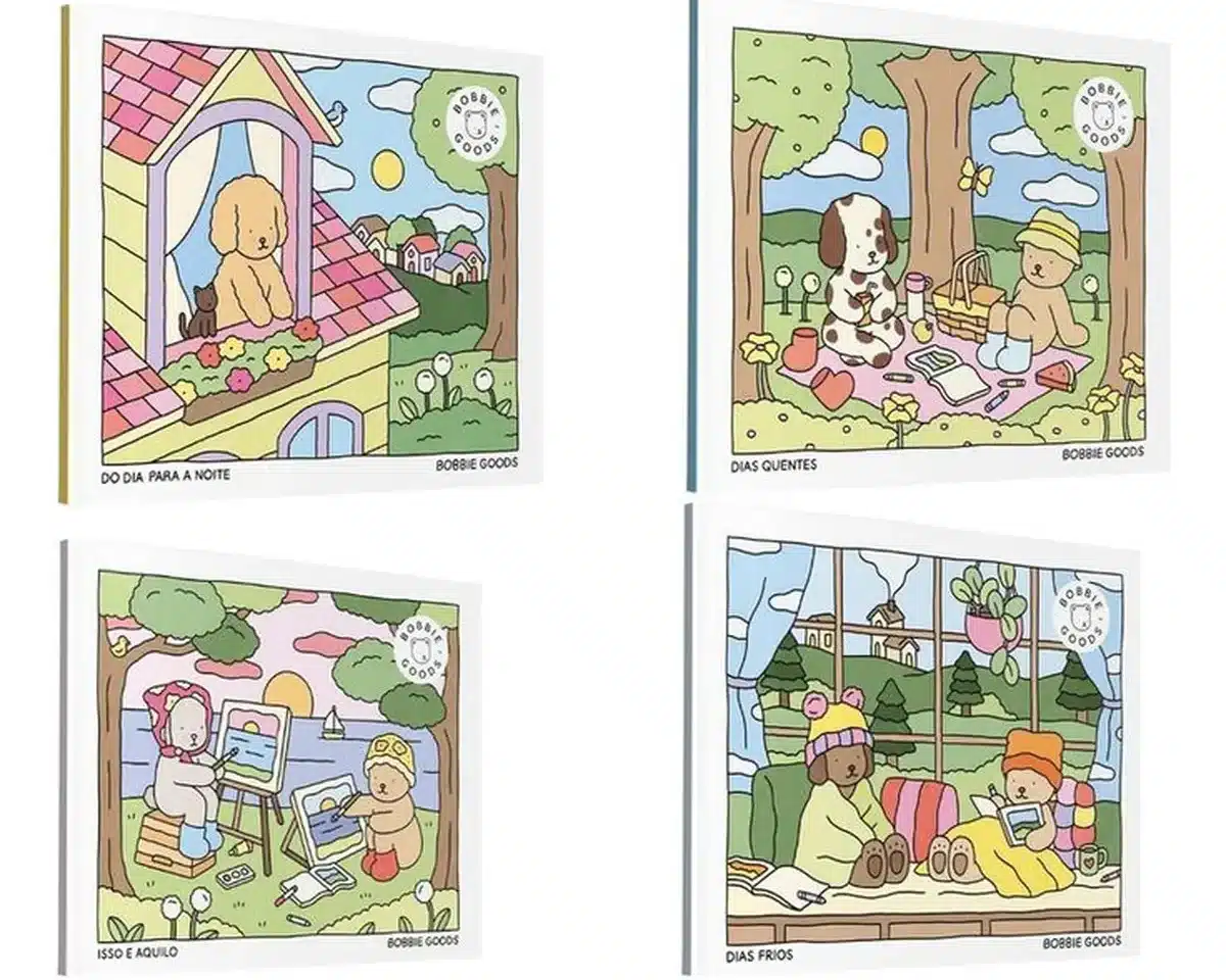 Imagem mostrando 4 capas de livros infantis com ilustrações fofas de animais e crianças em diferentes cenários.