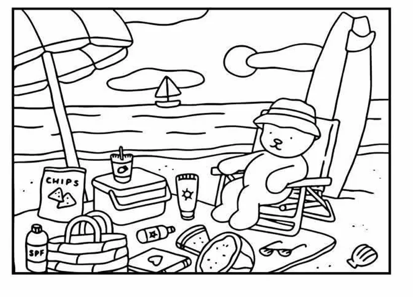 Bobbie Goods: Aproveitando o verão na praia, com chapéu e relaxando em uma cadeira.