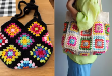 Bolsa de crochê colorida com quadrados em tons vibrantes, ideal para usar sobras de linha de forma criativa e estilosa