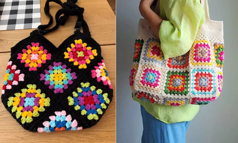 Bolsa de crochê colorida com quadrados em tons vibrantes, ideal para usar sobras de linha de forma criativa e estilosa