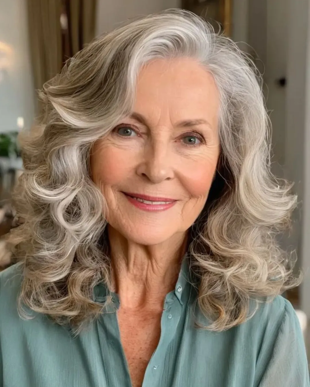 Mulher com cabelo longo grisalho ondulado e blusa verde.