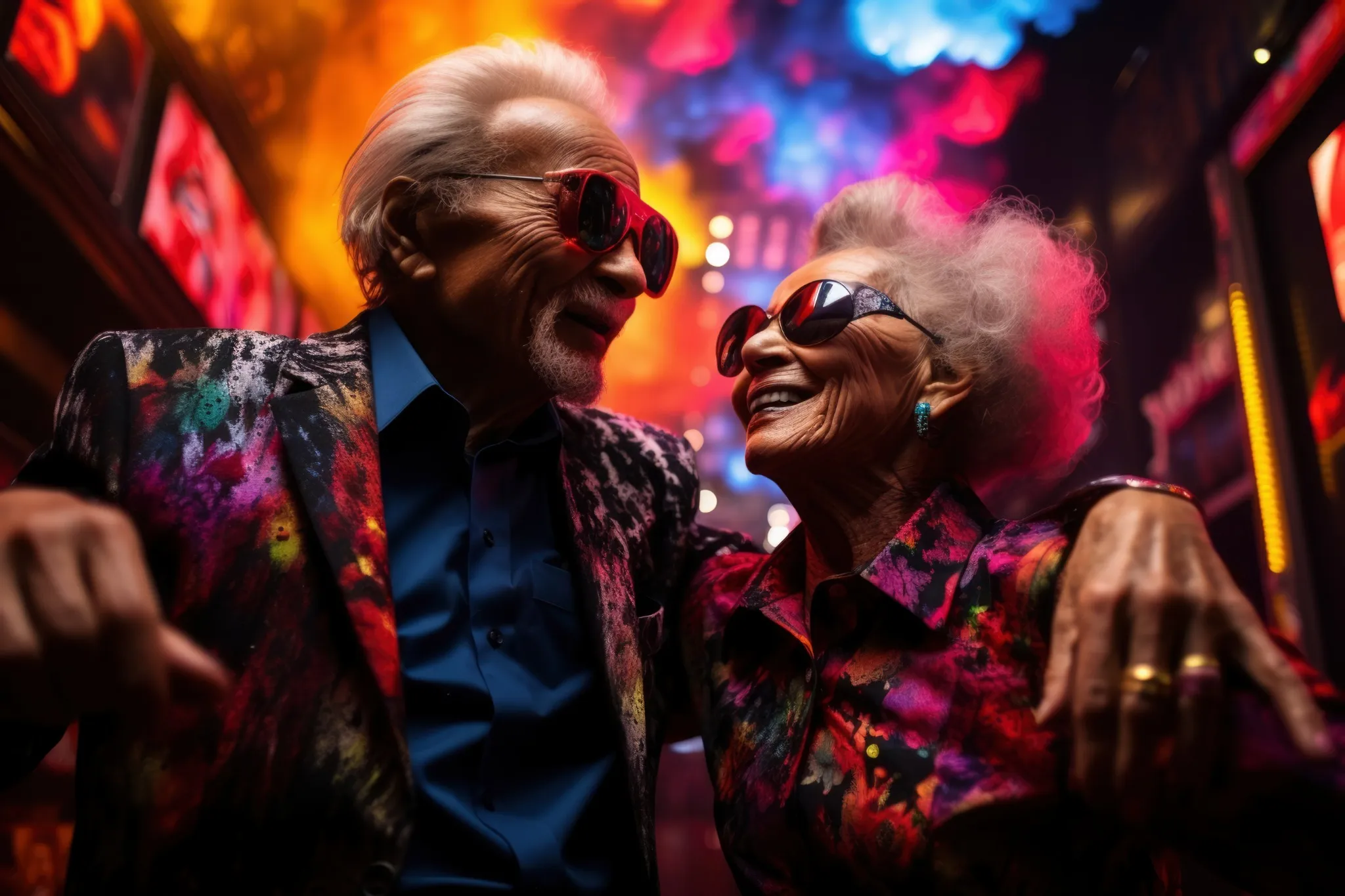 Casal de idosos sorrindo e se divertindo em uma boate iluminada, usando óculos escuros coloridos.