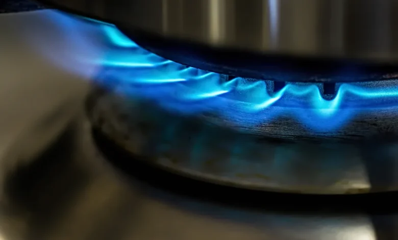 Chama azul do fogão acesa em detalhe.