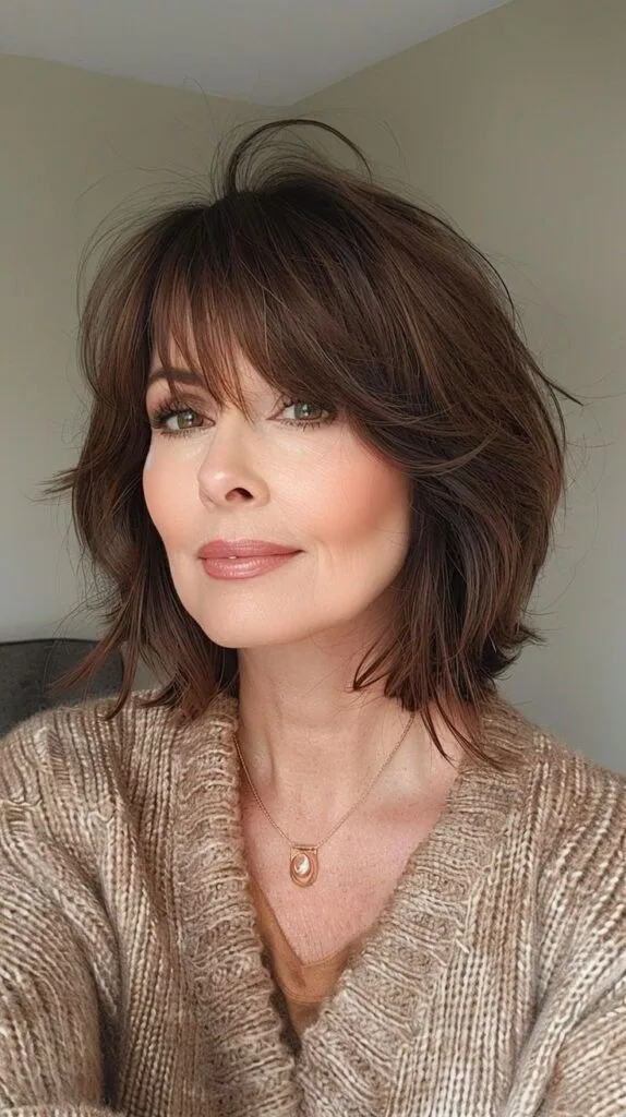 Mulher com cabelo chanel assimétrico moderno e sorriso suave, usando um suéter bege e um colar delicado.