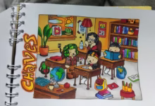 Ilustração colorida do Chaves e amigos em sala de aula com estilo fofo e infantil.
