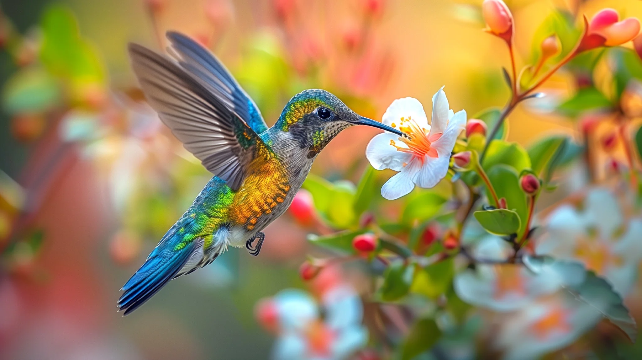 Beija-flor colorido em voo alimentando-se de flor branca em fundo natural