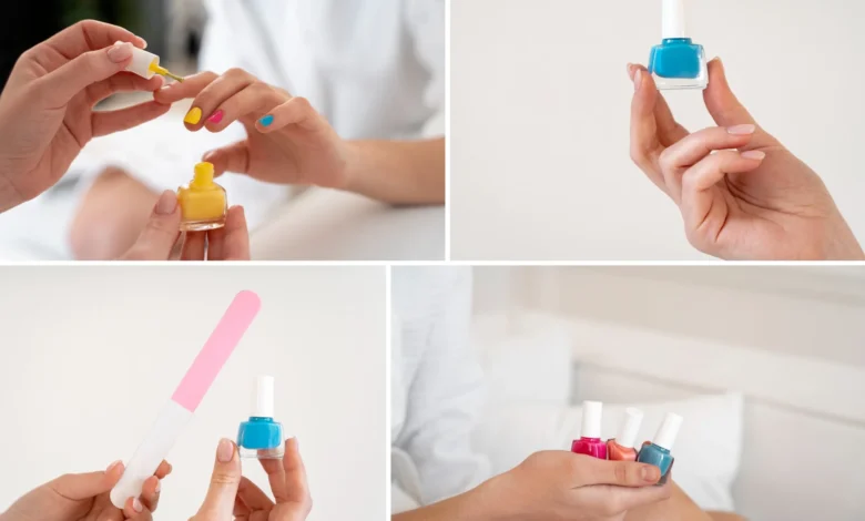 Unhas coloridas com esmaltes vibrantes e acessórios para cuidados, ilustrando a escolha do esmalte perfeito para cada ocasião.