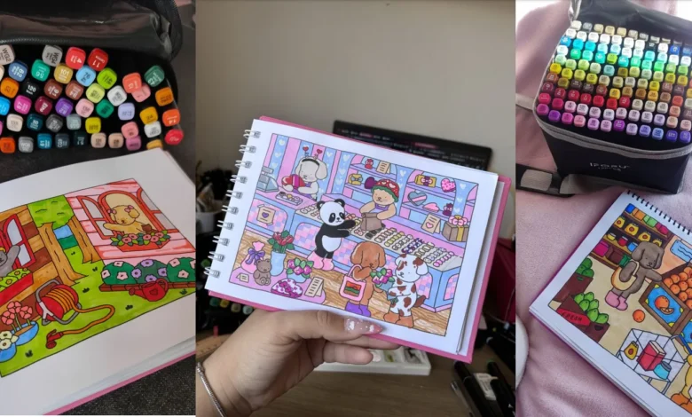 Imagem de várias páginas coloridas de um livro de colorir com animais fofos, representando exemplos criativos de como Bobbie Goods pode ser usado para criar produtos e gerar lucro.