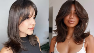 Corte médio com franja, um estilo moderno que traz frescor e leveza ao visual.