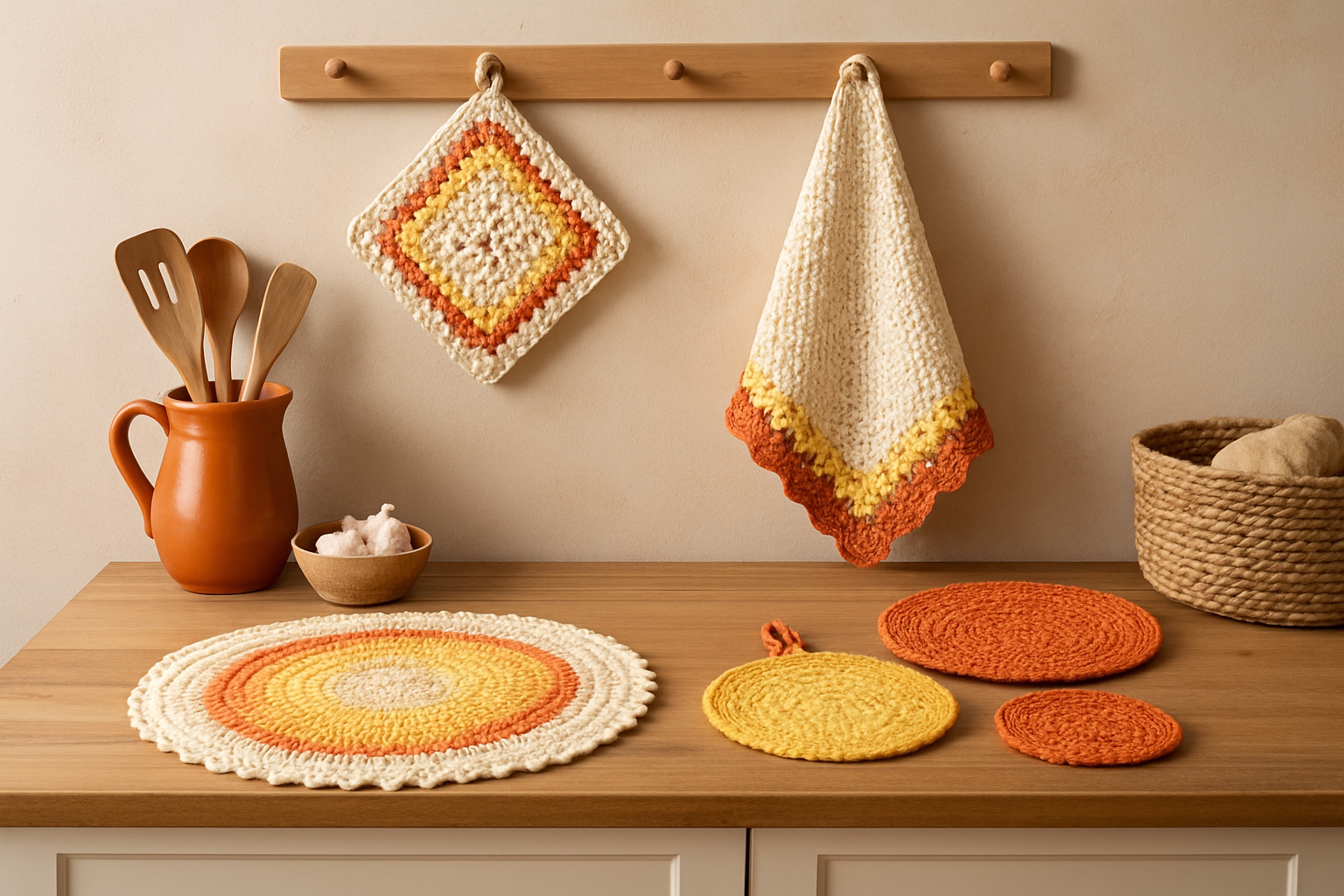 Utensílios de cozinha e peças de crochê coloridas sobre bancada de madeira