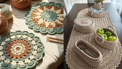 Conjunto de peças de crochê decorativas, incluindo jogos americanos e cestas, com tons suaves de verde, marrom e bege, decorando uma mesa com utensílios e frutas.