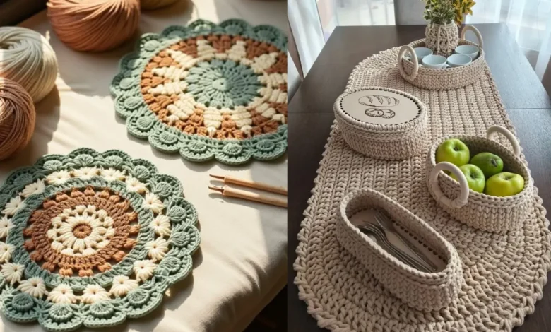 Conjunto de peças de crochê decorativas, incluindo jogos americanos e cestas, com tons suaves de verde, marrom e bege, decorando uma mesa com utensílios e frutas.