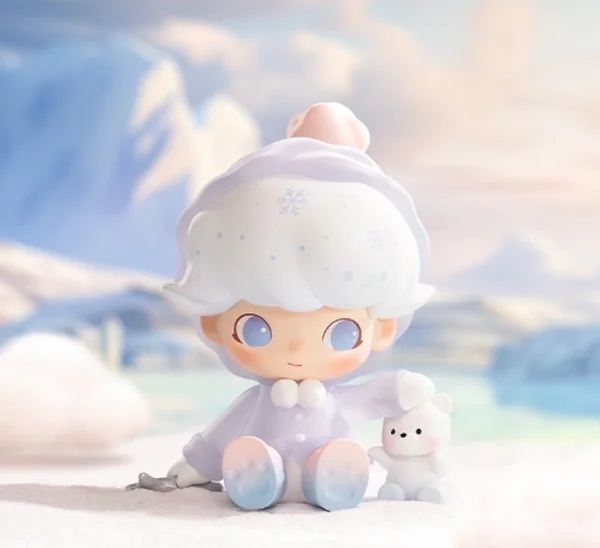 Dimmo, o bichinho de sonho com nuvens e estrelas, criado por Ayan Deng. Boneca fofinha com um ursinho no cenário de inverno.