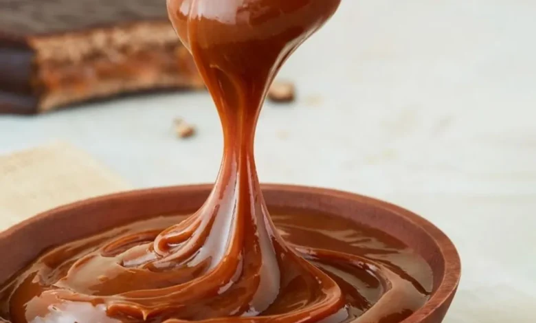 Colher derramando doce de leite cremoso em tigela de madeira