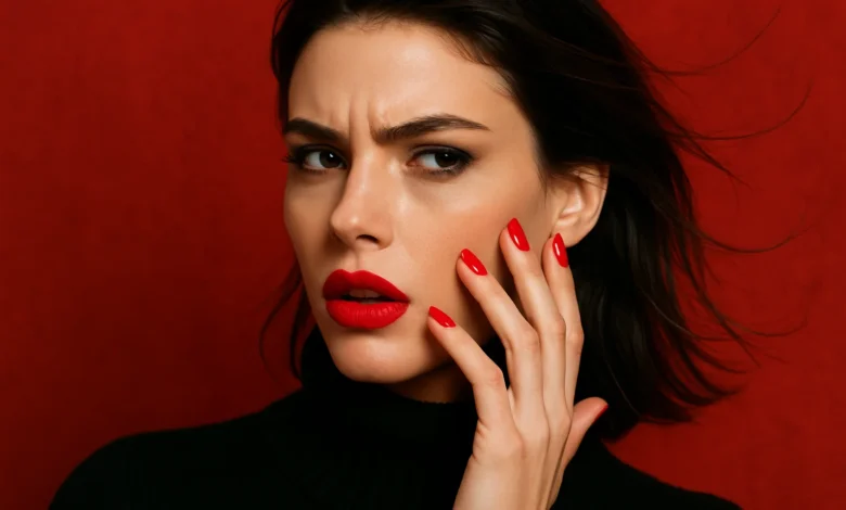 Imagem de uma mulher com unhas e lábios vermelhos, olhando com expressão intrigada. A foto é focada na manicure de esmalte vermelho, tema inverno.