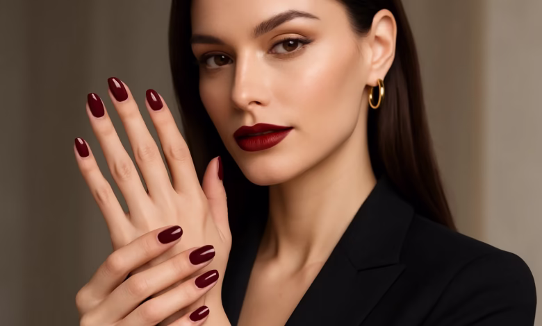 Imagem de unha com esmalte vinho sofisticado, combinando com look elegante.