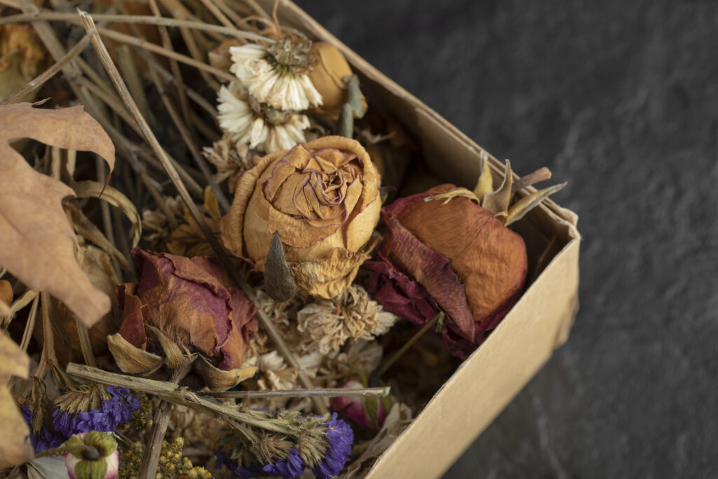 Flores secas e folhas em caixa de papelão para pot-pourri artesanal