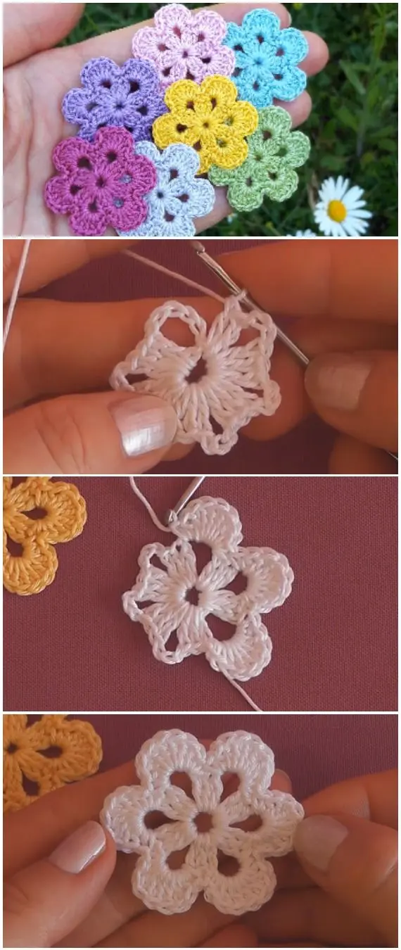 Flores de crochê coloridas, com detalhes mostrando o passo a passo de como fazer a flor.