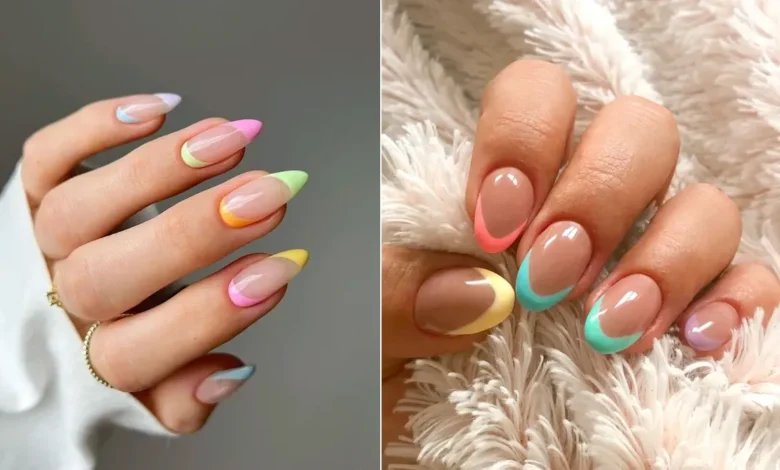 Unhas francesinha com esmalte colorido em tons suaves, mostrando uma tendência moderna e vibrante.