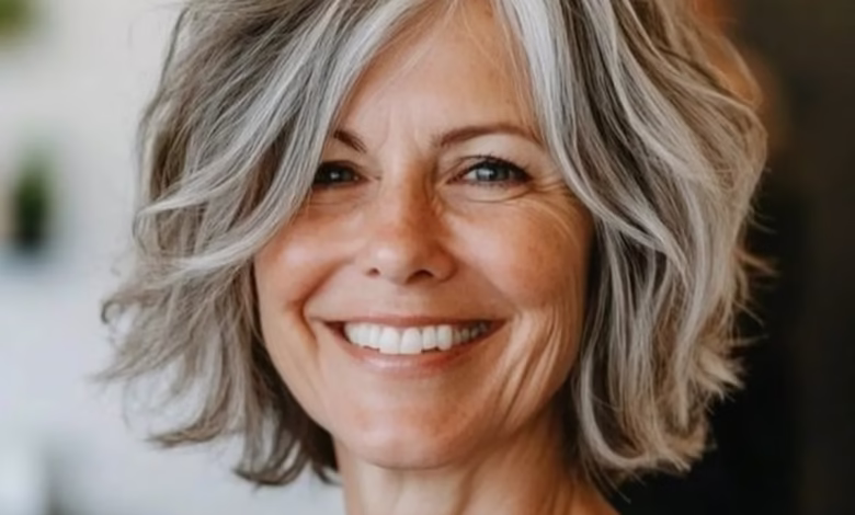 Mulher de cabelo grisalho com mechas platinadas, sorrindo e exibindo um visual elegante e moderno.