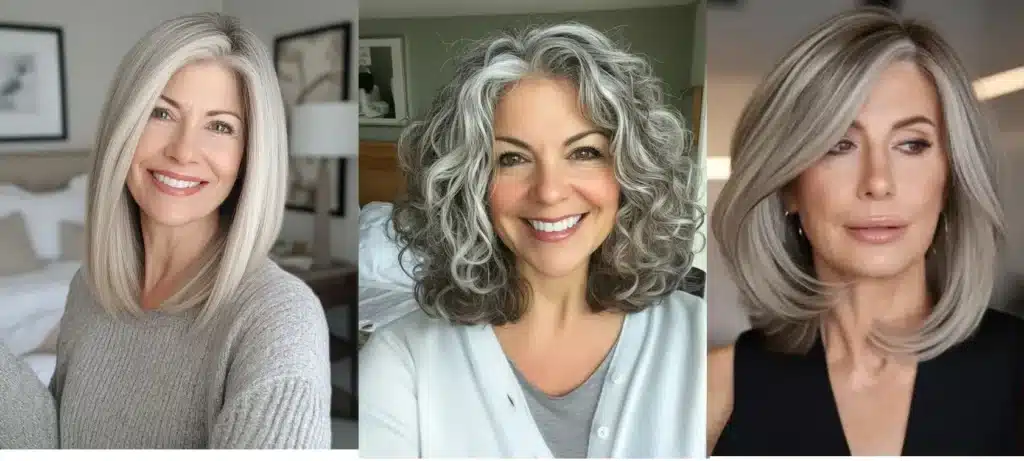 Estilos de Long Bob Grisalho para se Inspirar Inspiração de cortes de long bob grisalho com diferentes estilos: liso, ondulado e com franja.