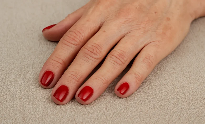 Mão de mulher madura com unhas pintadas de vermelho sobre tecido bege