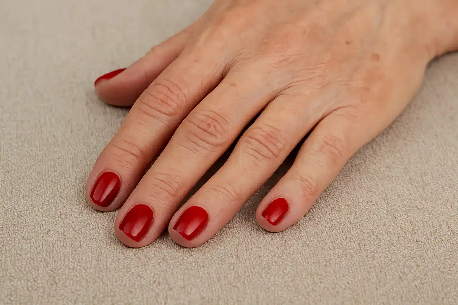 Mão de mulher madura com unhas pintadas de vermelho sobre tecido bege