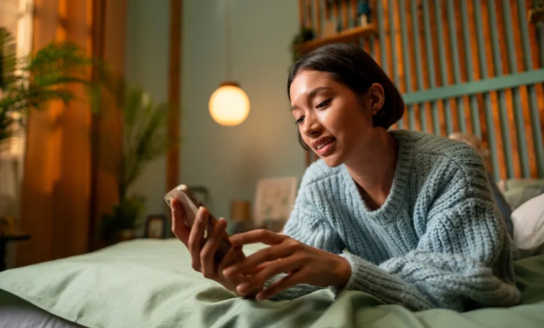 Mulher deitada na cama usando o celular com expressão tranquila