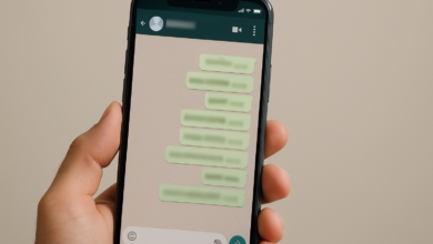 Pessoa segurando celular com conversa no WhatsApp exibida na tela.