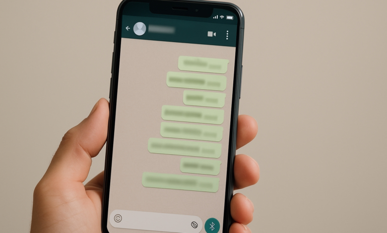 Pessoa segurando celular com conversa no WhatsApp exibida na tela.