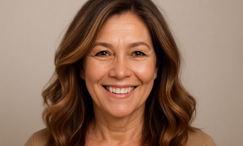 Mulher de meia-idade sorrindo, com cabelos castanhos ondulados