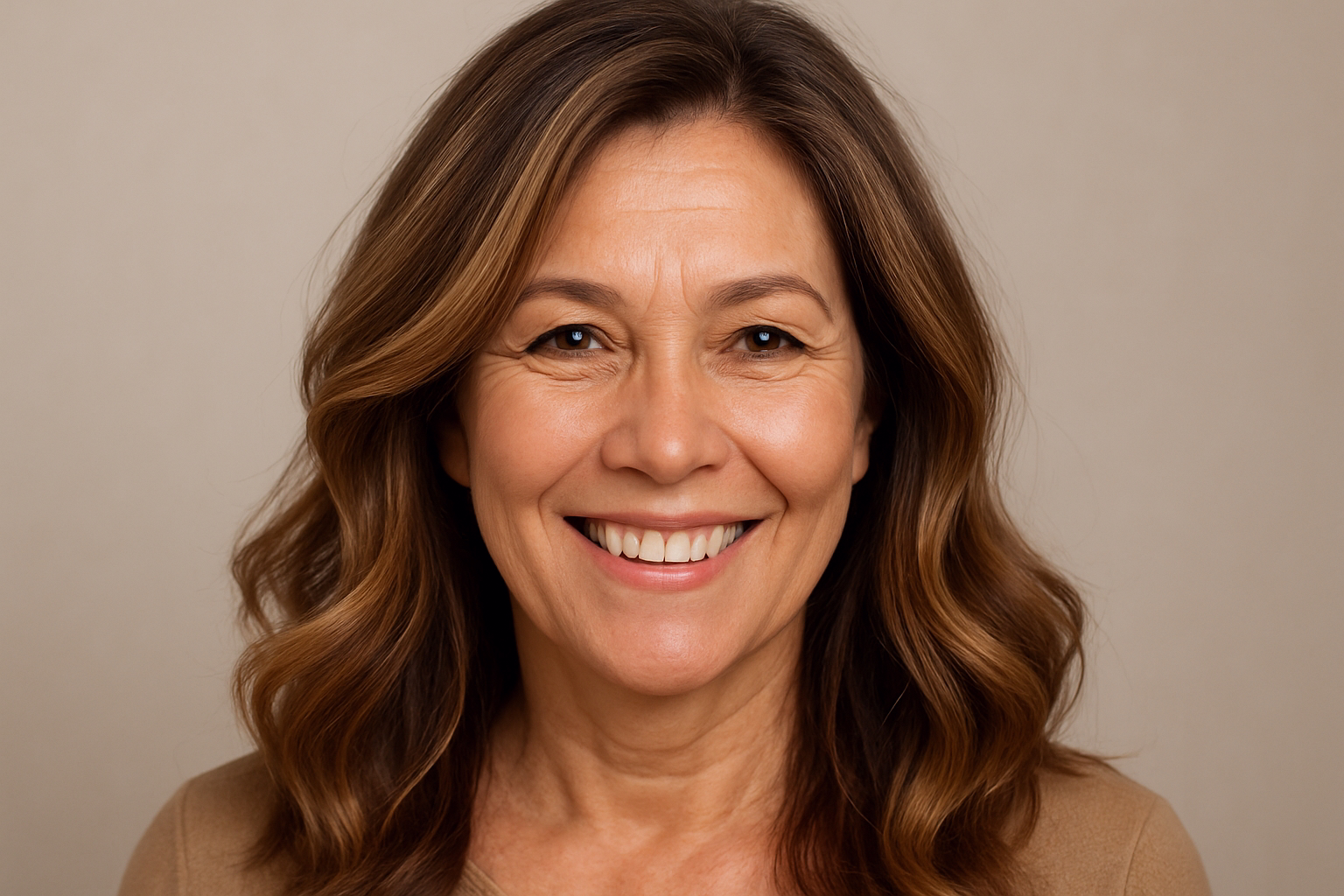 Mulher de meia-idade sorrindo, com cabelos castanhos ondulados