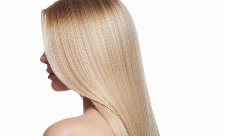Mulher com cabelo loiro longo e liso visto de perfil