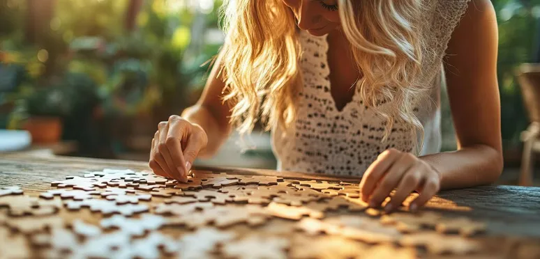 Mulher montando um quebra-cabeça ao ar livre, concentrada na tarefa, com uma atmosfera tranquila ao redor.