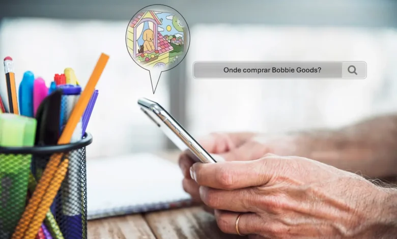Imagem de um celular com a pesquisa sobre onde comprar itens Bobbie Goods, destacando um desenho lúdico com uma casa e um cachorro.