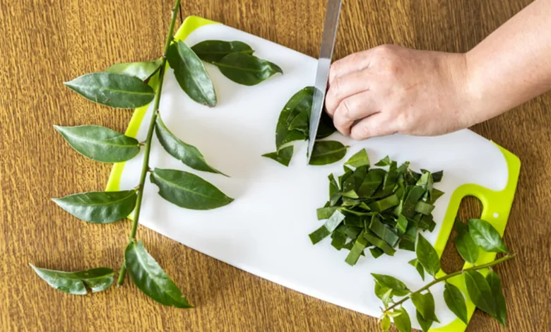 Folhas de Ora-pro-nóbis sendo picadas em uma tábua de corte. A planta é rica em ferro e pode ser benéfica para quem sofre de anemia.