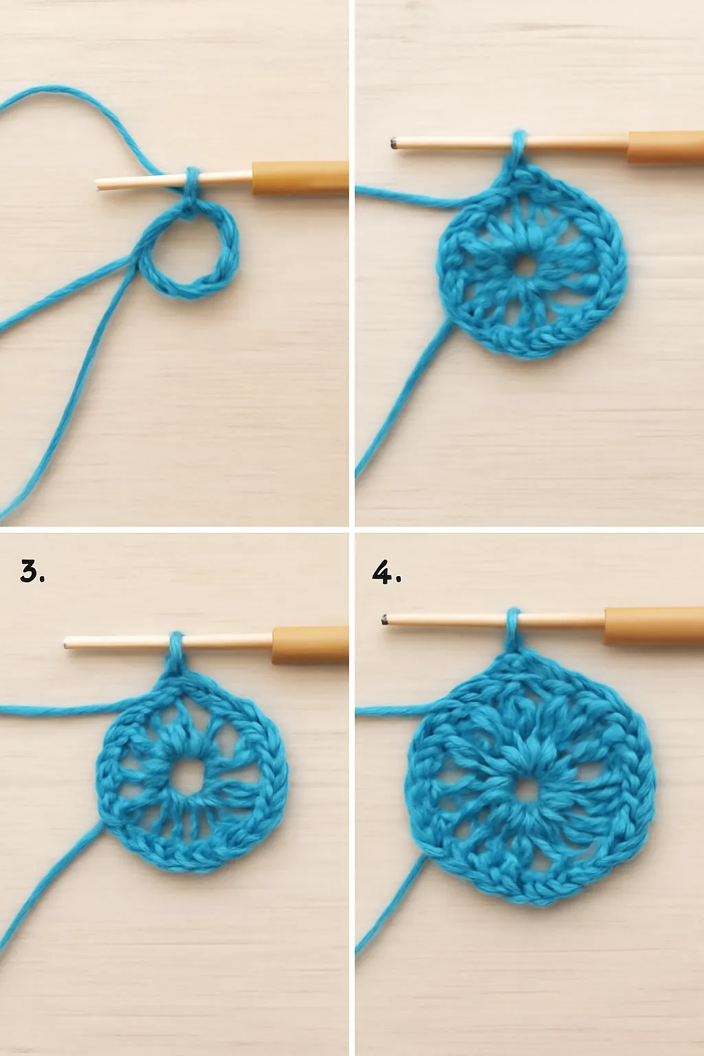 Passo a passo para criar um hexágono de crochê: começando com o anel mágico e pontos altos.